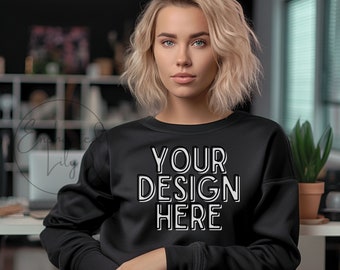 Gildan 18000 Mockup Gildan Black Sweatshirt Mockup Sweatshirt Model Mockup Black Gildan Oversized Crewneck Mockups