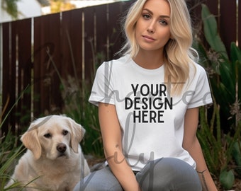 Bella Canvas 3001 Mockup | Bella Canvas White Shirt Mockup with Dog | White Tshirt Mockup | Women Mockup