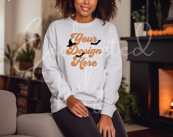 White Gildan 18000 Sweatshirt Mockup for Halloween Model Mockup White Sweatshirt Fall Sweater Mockup Crewneck Sweatshirt Mockup