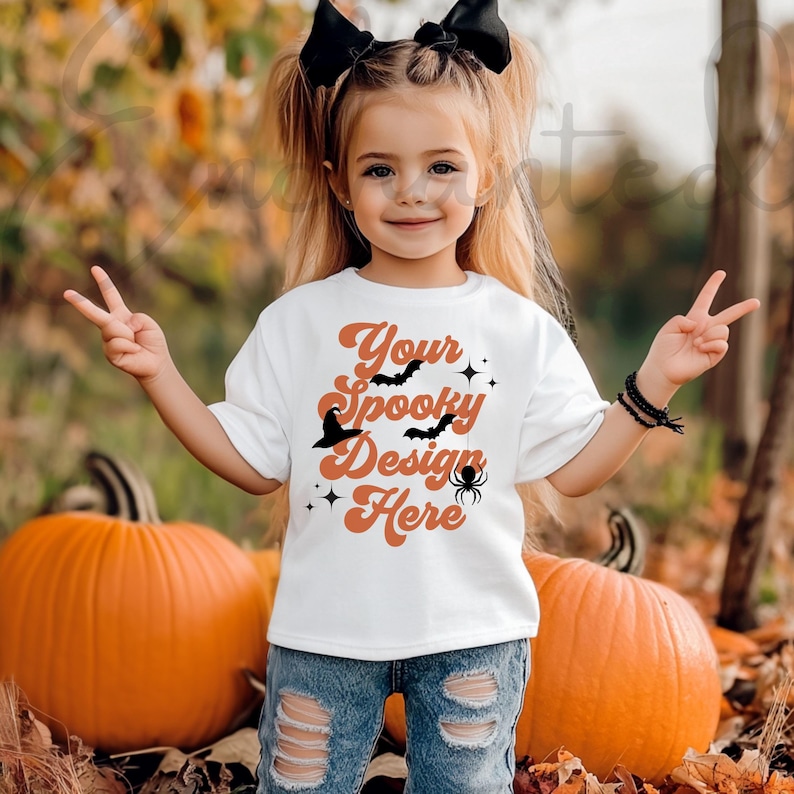 May include: A white t-shirt featuring a retro-style orange graphic that reads "Your Spooky Design Here" with bats, stars, a witch's hat, and a spider. The shirt is being worn by a young child with blonde hair and a black bow in their hair. The child is standing in front of two orange pumpkins.
