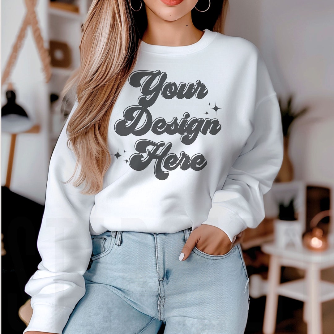 Gildan 18000 White Sweatshirt Womens Sweatshirt Mockup Oversized ...