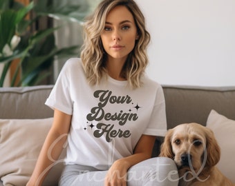 Bella Canvas 3001 Mockup | Bella Canvas White Shirt Mockup with Dog | White Tshirt Mockup | Women Mockup