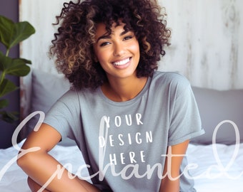Bella Canvas 3001 TShirt Mockup Black Model Mockup Athletic Heather Grey Tee Mockup T-Shirt African American Model Digital Download Mockup