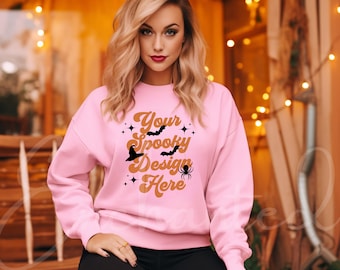 Gildan 18000 Pink Sweatshirt Mockup Pink Sweatshirt Pink Mockup Model Mockup Fall Mockup Halloween Mockup Gildan Mockup