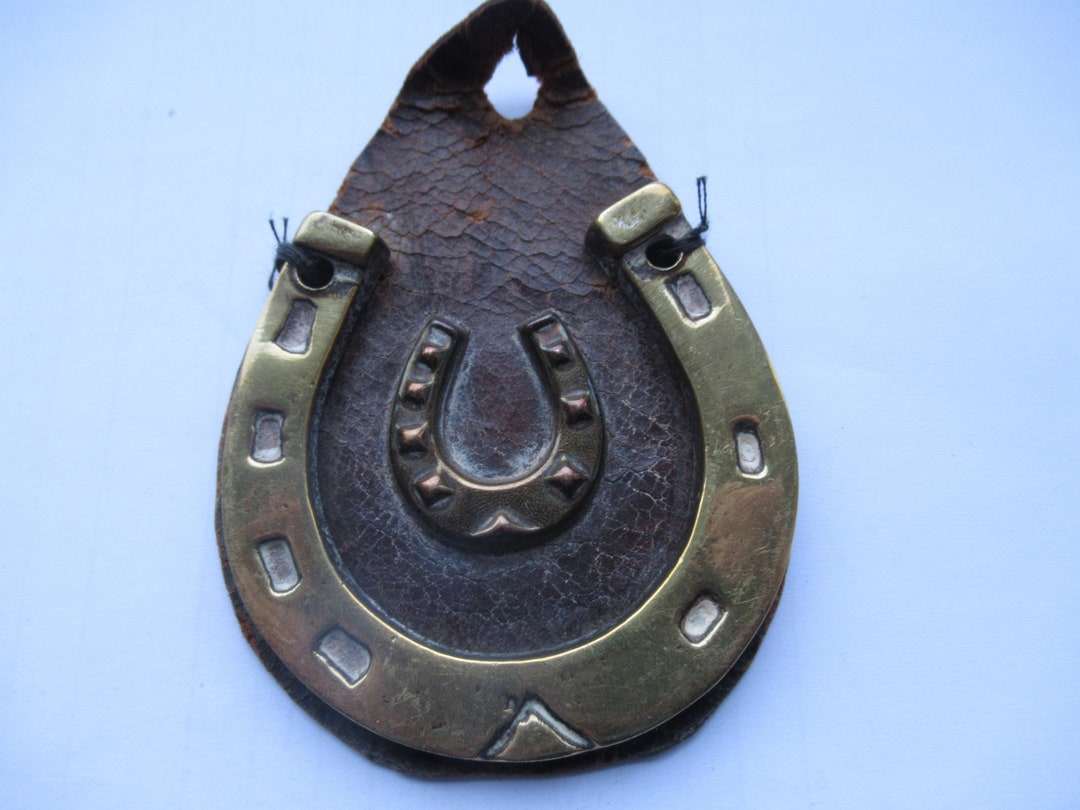 Vintage Two Lucky Horseshoes on Leather Backing Horse Brass Horse