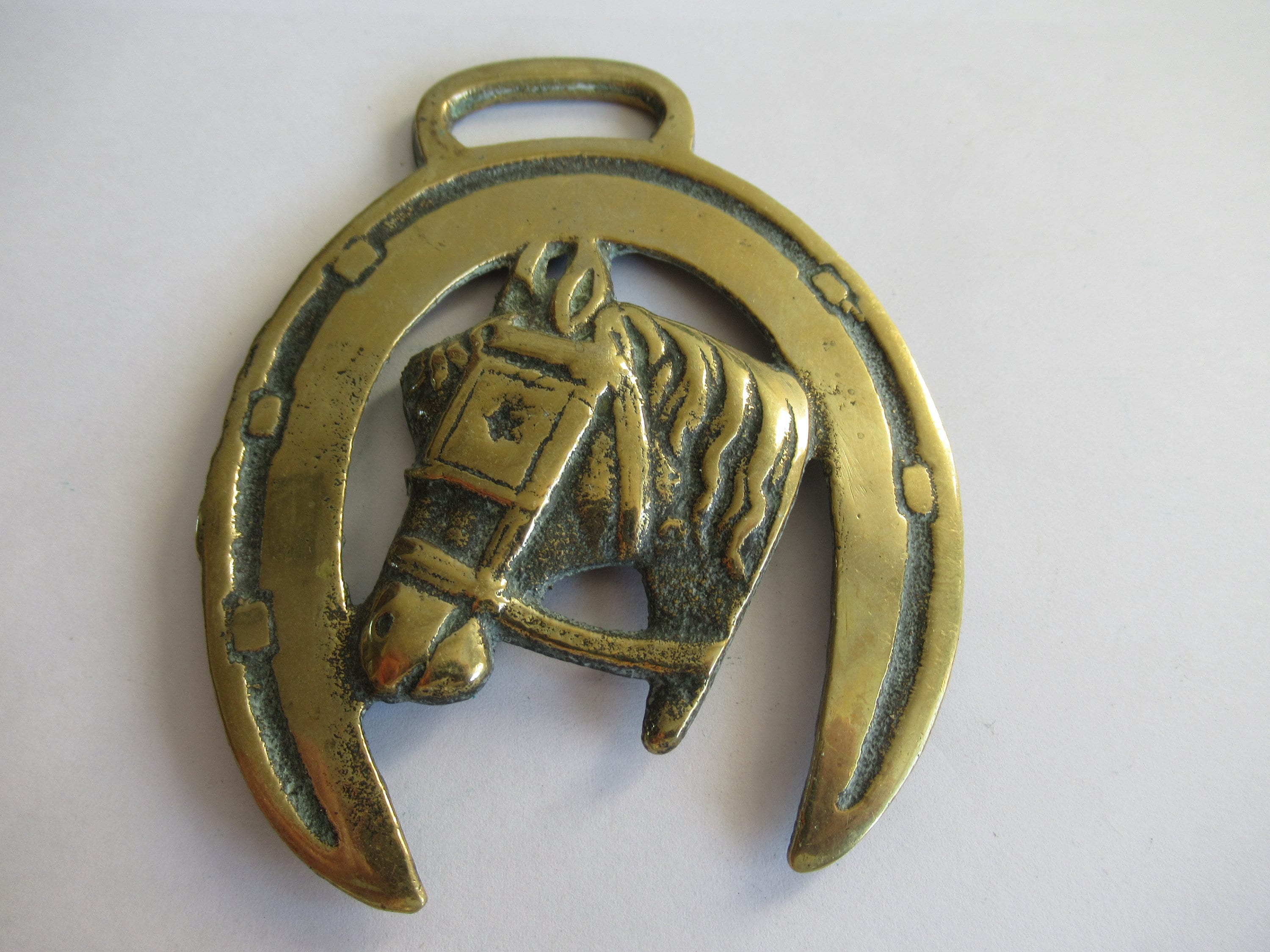 Antique Horse Brass Horse Head Horseshoe Martingale Medallion With
