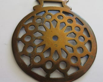 Antique Horse Brass Suns Rays Star In Pierced Surround Martingale Medallion With Getts On Reverse