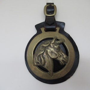 Antique Large Brass Horse Head Plaque On A Leather Martingale- Equestrian Medallion