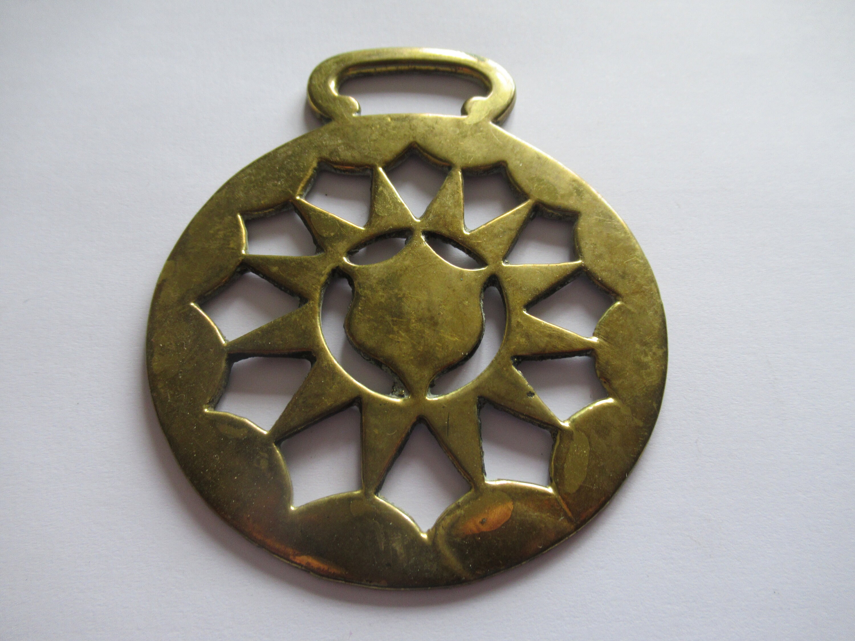 Vintage Horse Brass Medallion: Sun & Shield Pagan Martingale