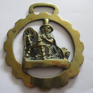 Antique Horse Brass Welsh Lady At A Spinning Wheel Wales Martingale Medallion