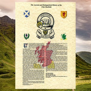 May include: A vintage-style illustration of the history of Clan Macbeth, featuring a map of Scotland with a red highlighted area, a crest with a wolf, and text describing the clan's history and origins.