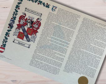 Impression de l'historique du nom de famille A3 – Héraldique et armoiries en parchemin