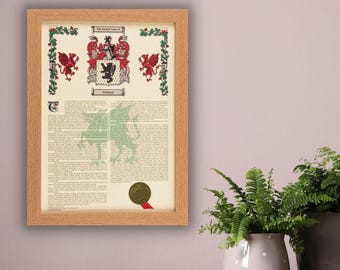 A3 Surname History Print – Scroll-Style Heraldry & Coat of Arms