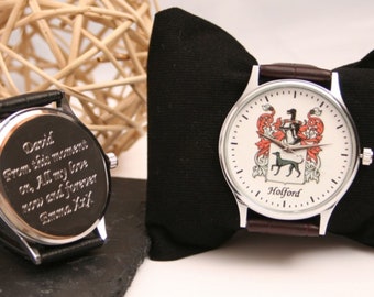 Personalised Coat of Arms Watch, Family Crest Engraved, Custom Strap