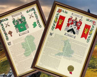 Coat of Arms / Family Crest and Surname History, A3 Size Personalised Gift - Dark and Gold Frame - FREE UK delivery