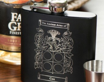 Coat of Arms / Family Crest Personalised Hip Flask with funnel