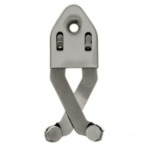 May include: A silver-colored metal boat trailer winch hook. The hook has a triangular top with a hole and two small rectangular slots. The lower portion features two crossed arms with rounded ends.