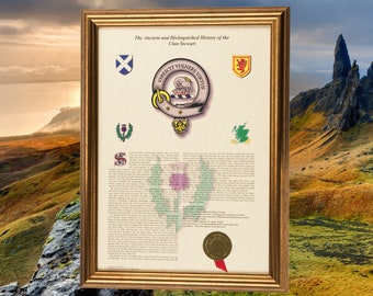 Scottish Clan History with Clan Badge, A3 size Personalised Gift - Gold Frame - FREE UK delivery