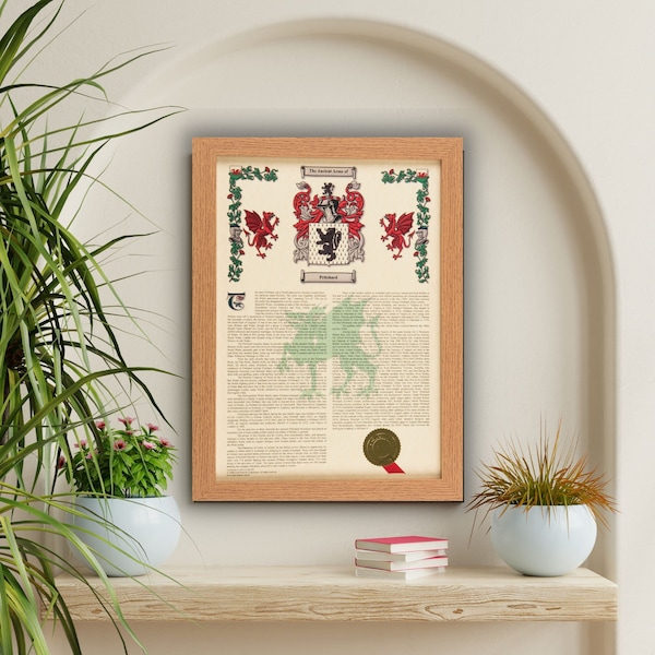 Coat of Arms / Family Crest and Surname History, A3 Size Personalised Gift - Oak Style Frame - FREE UK delivery
