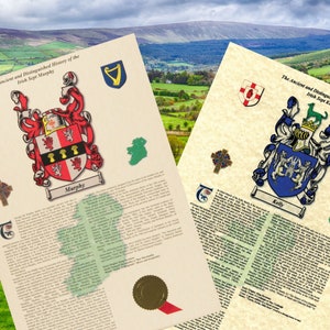 May include: Two antique-style parchment scrolls with heraldic crests and text about the history of the Irish Murphy and Kelly families. The scrolls are set against a backdrop of a green landscape with a mountain range in the distance.