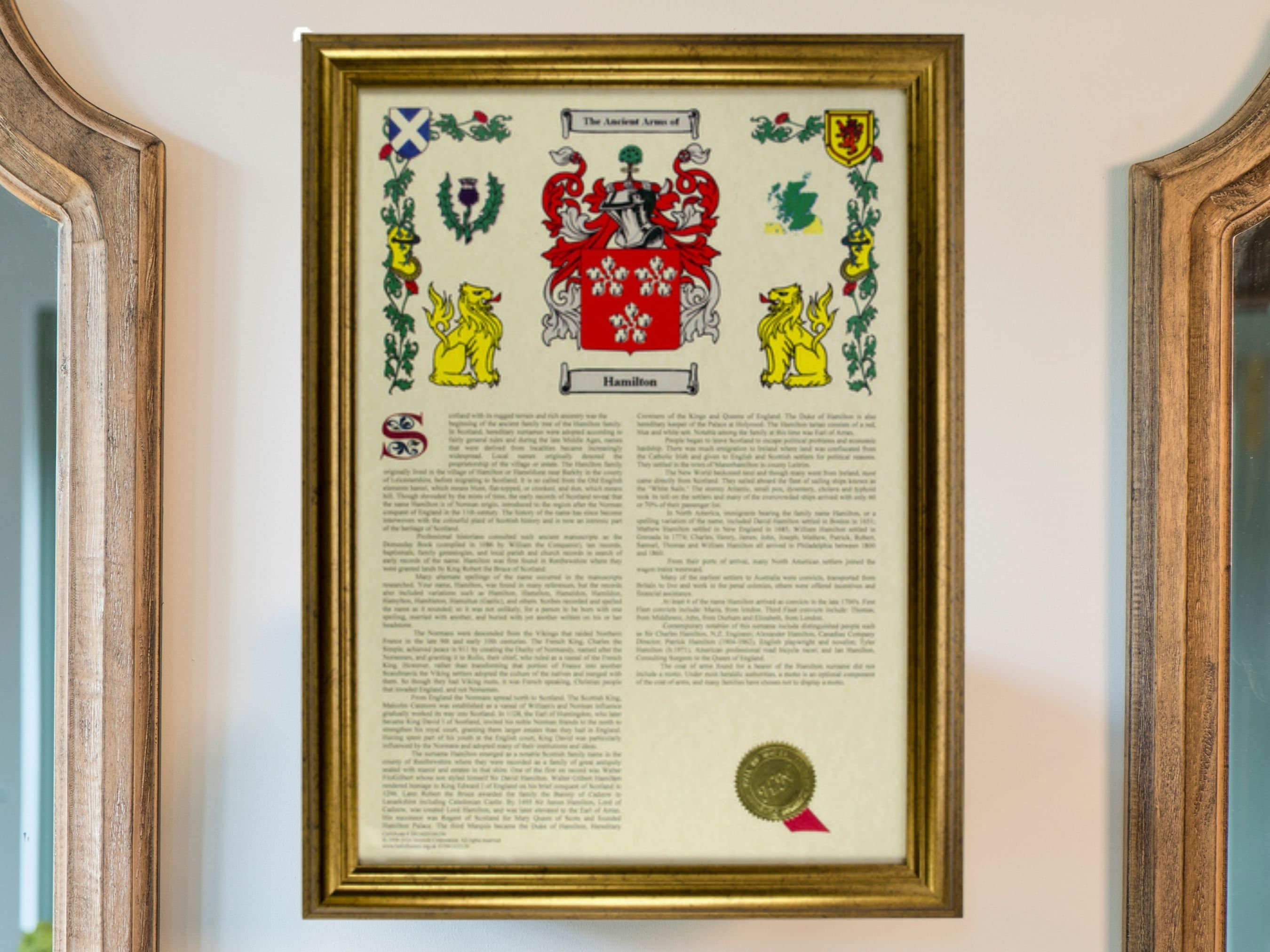 Coat of Arms / Family Crest and Surname History, A3 Size Portrait style - Personalised, - Gold Frame - FREE UK delivery