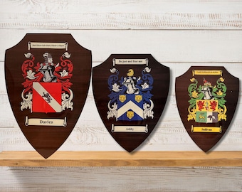 Personalised Dark Wood Family Crest Shield: Custom Heraldic Coat of Arms Plaque