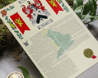 Coat of Arms / Family Crest and Surname History, Personalised Gift - A3 Unframed - FREE UK delivery