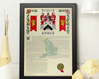 A3 Surname History Print – Scroll-Style Heraldry & Coat of Arms