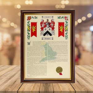 Coat of Arms / Family Crest and Surname History, A3 Size Personalised Gift - Dark and Gold Frame - FREE UK delivery