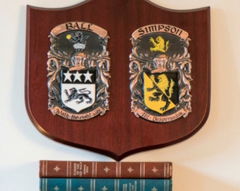 Personalised Family Coat of Arms Shield with Two Names: Wooden Custom Surname Crest Plaque