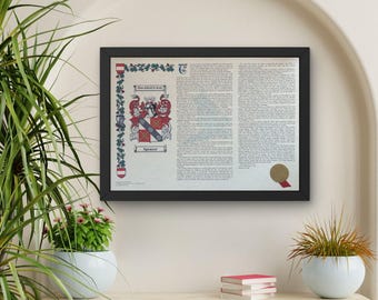 May include: A framed family crest with the name "Spencer" displayed prominently. The crest features a shield with a diagonal stripe and ornate details. The frame is black, and the background is a light parchment color.