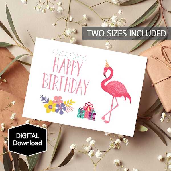 Flamingo Birthday Card for Kids,Fink Flamingo Card for Girl,Flamingo Greeting Card for Her,Digital Download,Instant Download,PRINTABLE Card