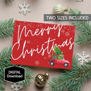 Cartão de Natal vermelho para impressão, carro vintage de Natal, carro retrô com árvore de Natal, cartão de Natal em aquarela moderno, download instantâneo