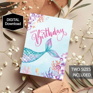 Carte de joyeux anniversaire sirène imprimable pour fille, petite sirène, sous la mer, téléchargement instantané, téléchargement numérique, carte d'anniversaire pour les enfants