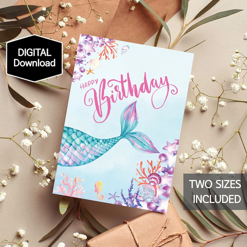 Printable Mermaid Happy Birthday Card for Girl,little Mermaid,under the ...