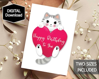 Katze Geburtstagskarte, Katze Geburtstagskarte für Mädchen, Katze Geburtstagskarte, DIGITAL DOWNLOAD, DRUCKBARE Karte