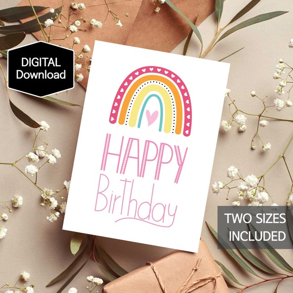 Printable Rainbow Happy Birthday Card for Kids,1st Birthday Rainbow Card,Boho Birthday Card for girl,Digital Download,Instant Download