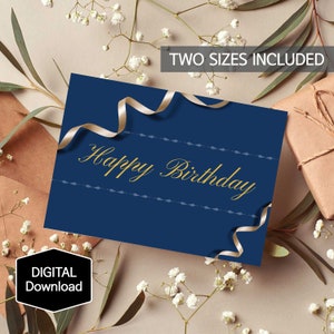 Biglietto di buon compleanno STAMPABILE per lui, Biglietto di compleanno con nastro dorato di lusso, Biglietto di compleanno moderno blu navy, Download istantaneo, Stampa digitale