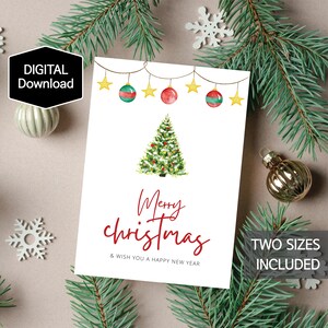 Biglietto stampabile di buon Natale e felice anno nuovo, biglietto di auguri, biglietto di Natale, biglietto di auguri con ornamenti per l'albero di Natale in acquerello, download istantaneo
