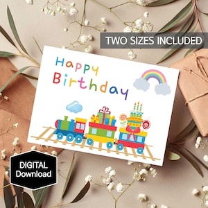 Afdrukbare trein Happy Birthday Card voor kinderen, verjaardagskaart voor jongen, Choo Choo Train verjaardagskaart, digitale print, Instant Download
