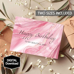Cartão de aniversário em mármore rosa e dourado para impressão para esposa, cartão de feliz aniversário para minha linda esposa, cartão de aniversário simples, download digital instantâneo