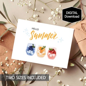 Biglietto d'auguri estivo stampabile, Biglietto Ciao estate, Cocktail di frutta, ghiaccio, succo di frutta, Bevanda, Biglietto per l'estate, Biglietto per le vacanze, Download istantaneo