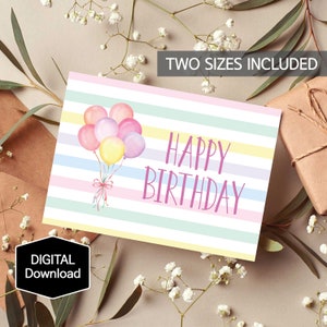 PRINTABLE Birthday Card for Kids,Lovely Birthday Card for girl,Stripe 1st Birthday Card for Baby Girl,Party Balloon Card,Instant Download