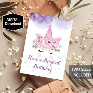 Cartão de aniversário de unicórnio imprimível para menina, cartão de unicórnio mágico para crianças, cartão de aniversário para meninas, download digital, download instantâneo