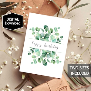 Carte d'anniversaire de branche d'eucalyptus, carte d'anniversaire de feuilles de verdure pour elle, carte botanique de feuilles d'eucalyptus, carte imprimable, téléchargement immédiat