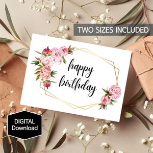 Carte de joyeux anniversaire pivoine pour elle, carte d’anniversaire fleur rose pour maman, carte d’anniversaire florale, cadre doré, téléchargement immédiat, carte imprimable