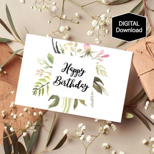 Caule de folha verde, cartão de feliz aniversário floral, cartão de aniversário de flor, cartão de vegetação em aquarela, download instantâneo, impressão digital, para impressão