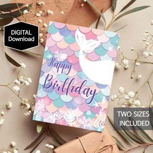 Carte de joyeux anniversaire sirène pour fille, sous la mer, petite carte de sirène pour les enfants, téléchargement instantané, téléchargement numérique, carte imprimable