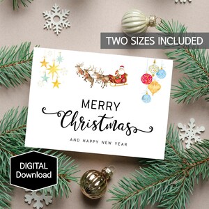 Druckbare Mordern Weihnachtskarte,Watercolor Santa Weihnachtskarte,Santa's Schlitten,Rentier Karte,Santa Claus Karte,Weihnachtskarte,Sofort Download