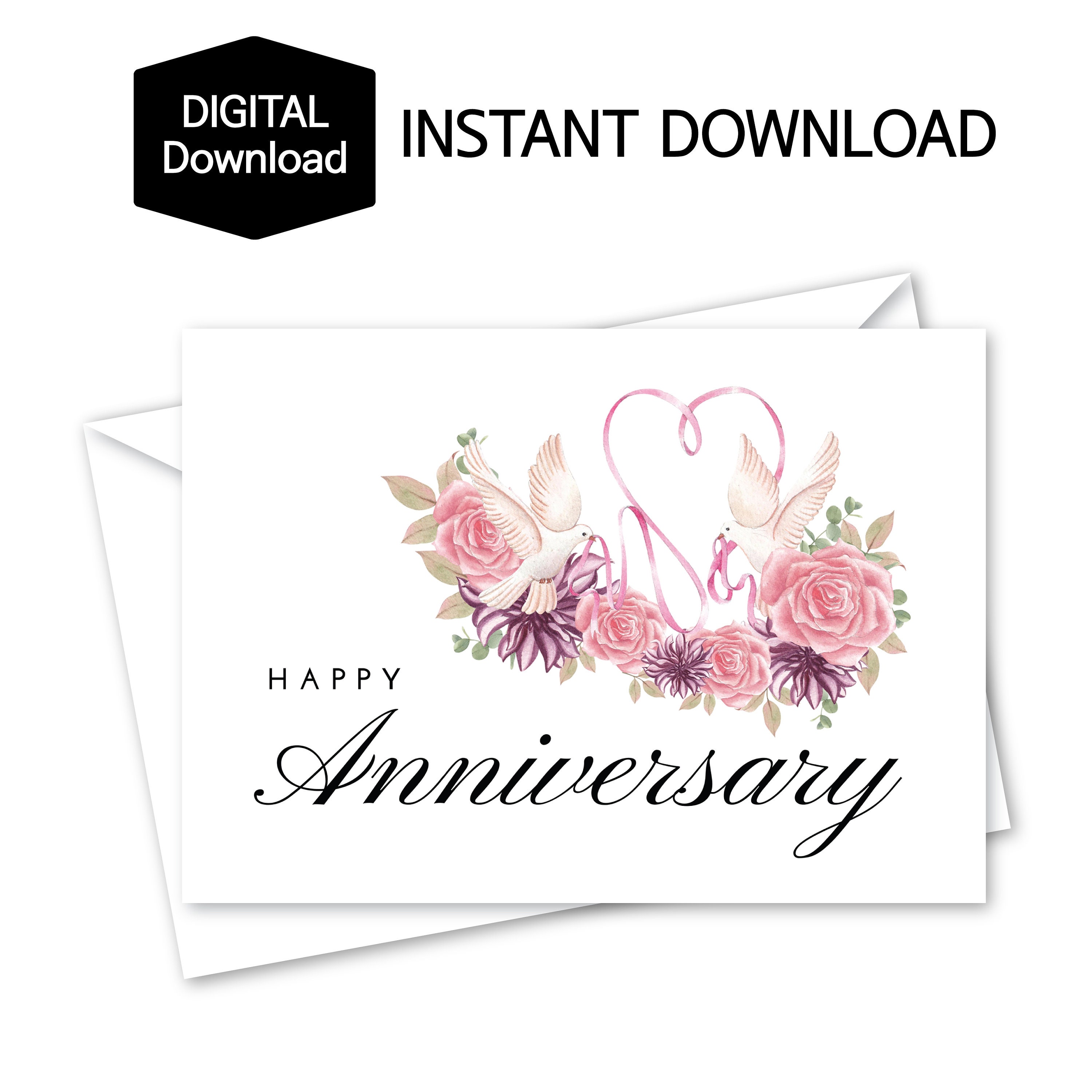 Printable Floral Happy Anniversary Card for Partner,dove & Heart Ribbon ...